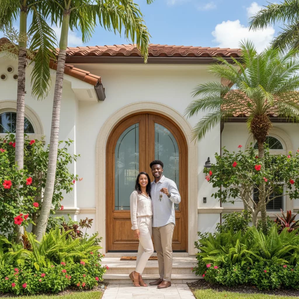 Young couple with keys in front of their new Florida home