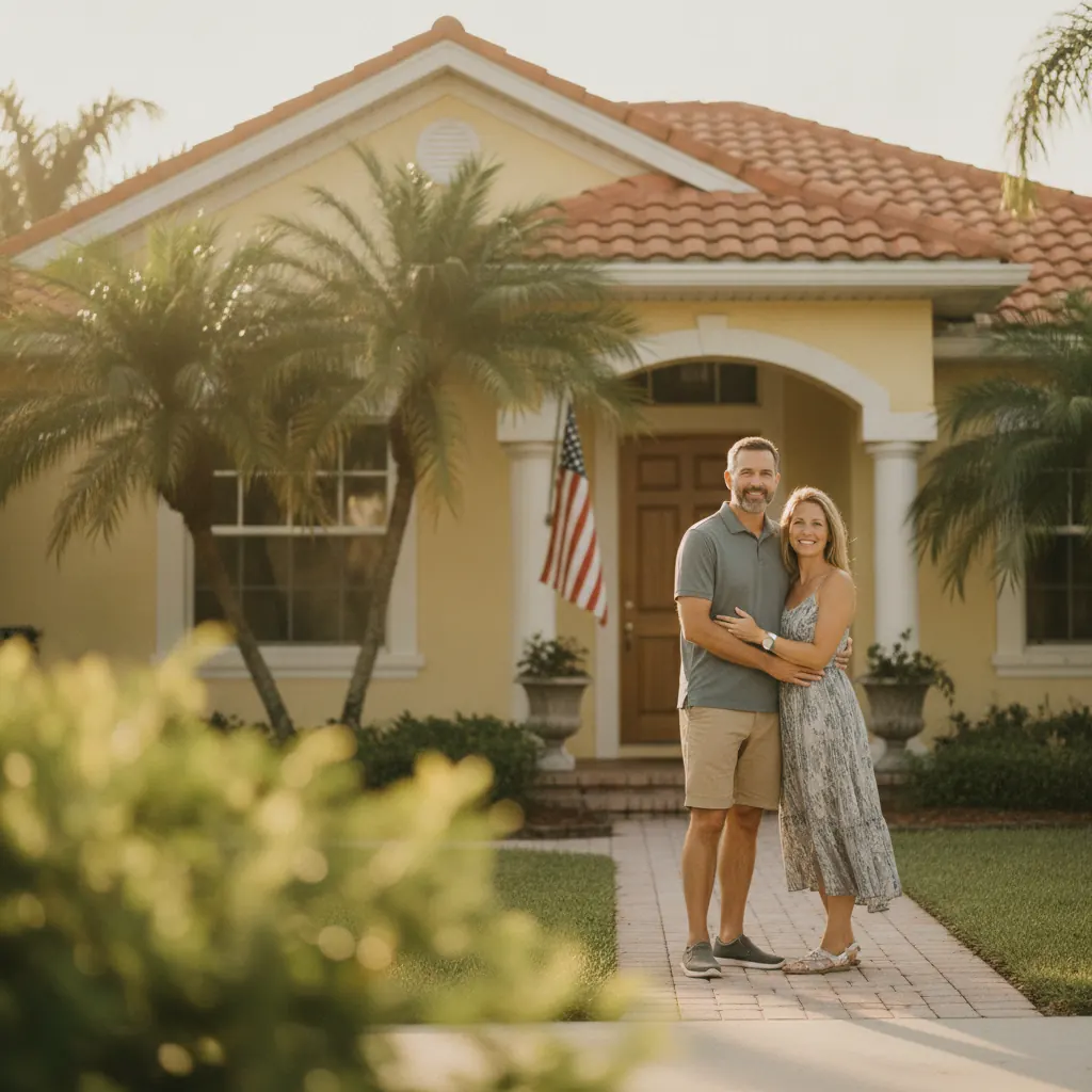 Veteran couple standing on the front walkway of their Florida home with palm trees and an American flag