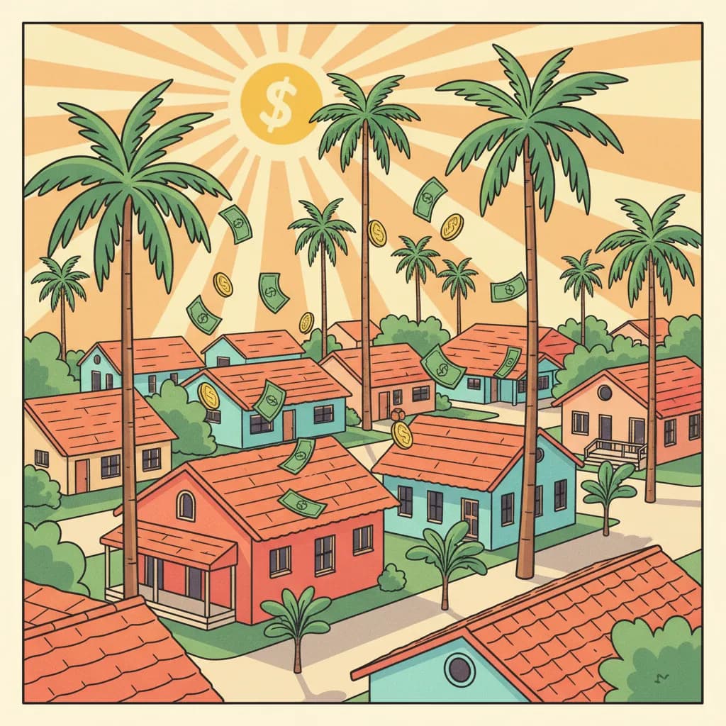 Illustrated aerial view of a colorful Florida neighborhood with palm trees and grant money floating down over the homes
