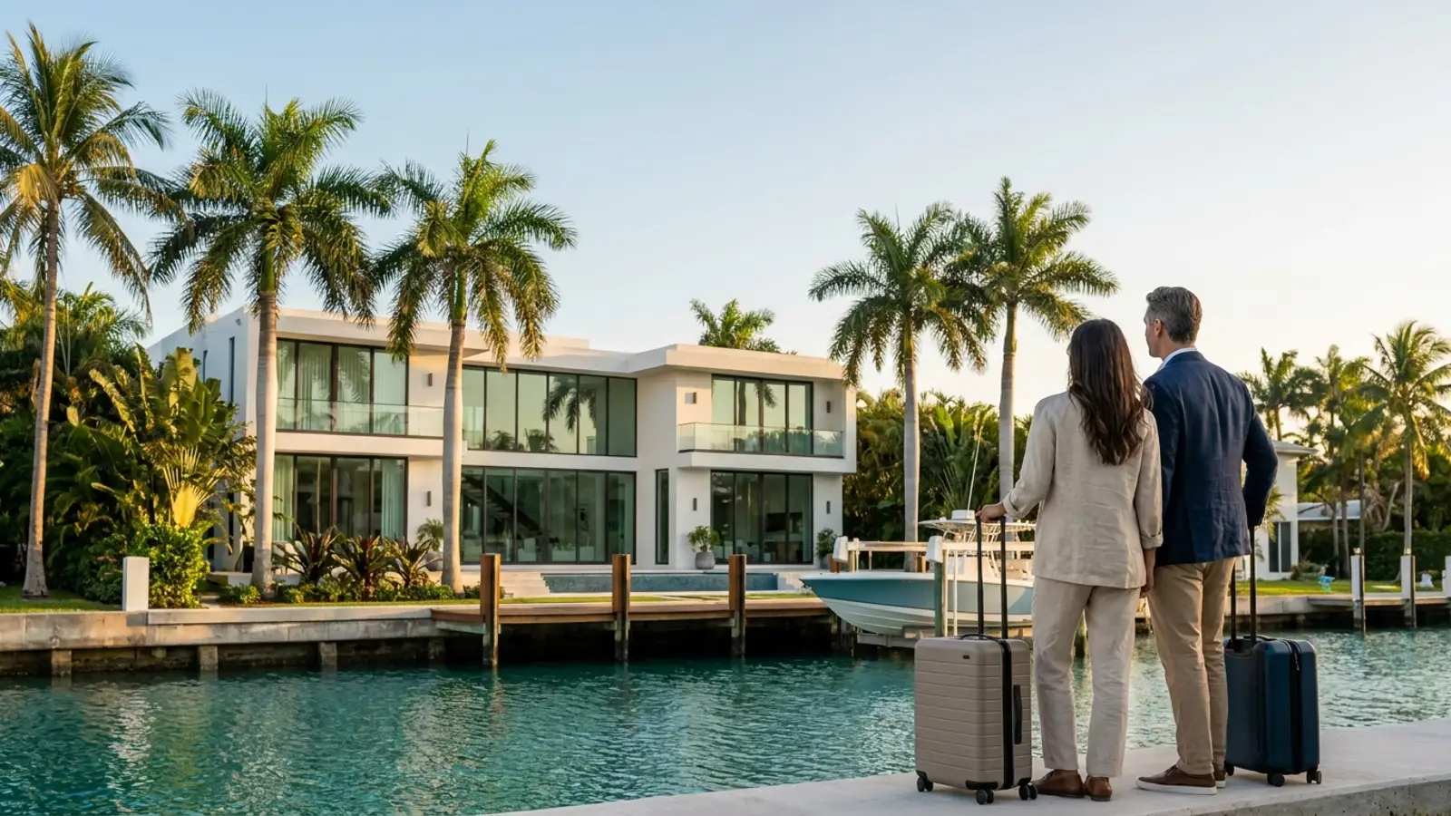 International couple with suitcases looking at a modern waterfront home with palm trees and a boat dock in Florida