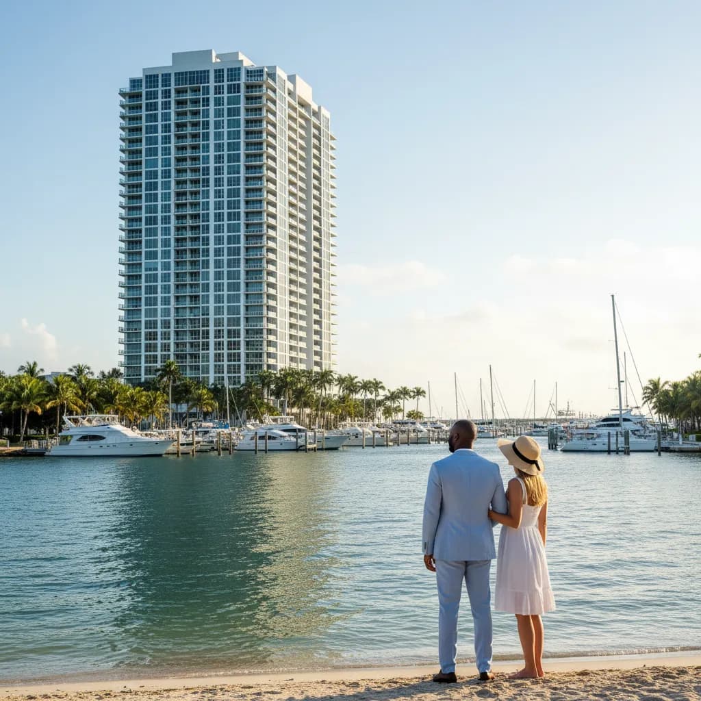International couple looking at a luxury waterfront Florida condo from across the water with marina and palm trees