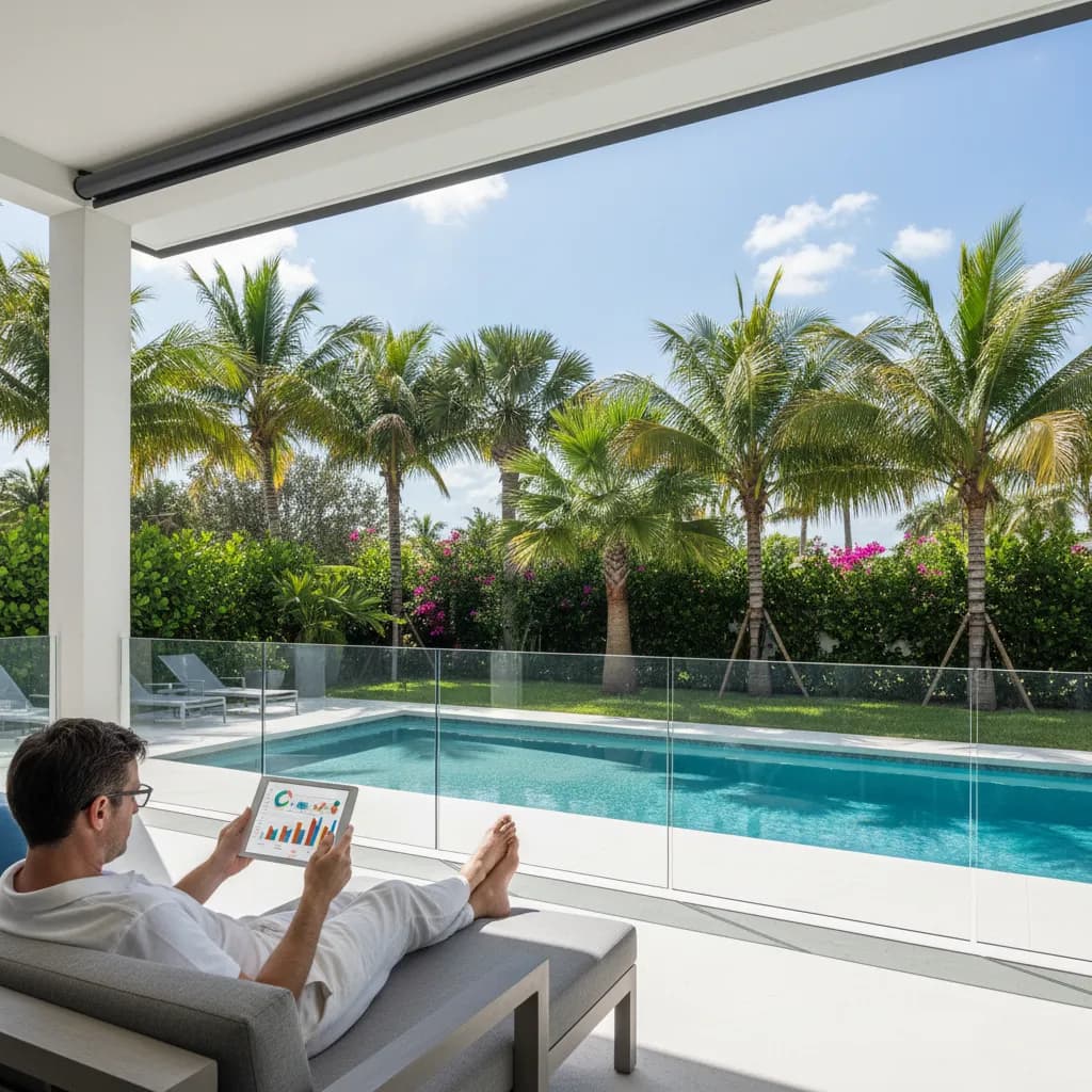 Florida homeowner relaxing on back patio looking at tablet with tropical pool and palm trees in the background