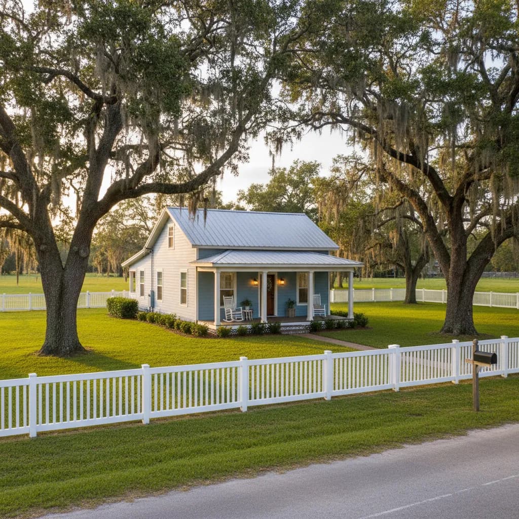 Charming rural Florida home with white fence, front porch with rocking chairs, and mature oak trees in golden hour sunlight