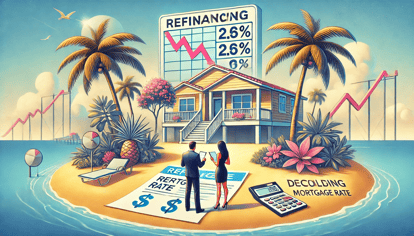 Couple discussing refinancing options for their Florida home with mortgage rates and savings charts in the background.