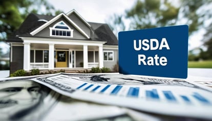 A house and a sign that says USDA loan rates depicting a Florida homebuyer thinking about getting a USDA loan.