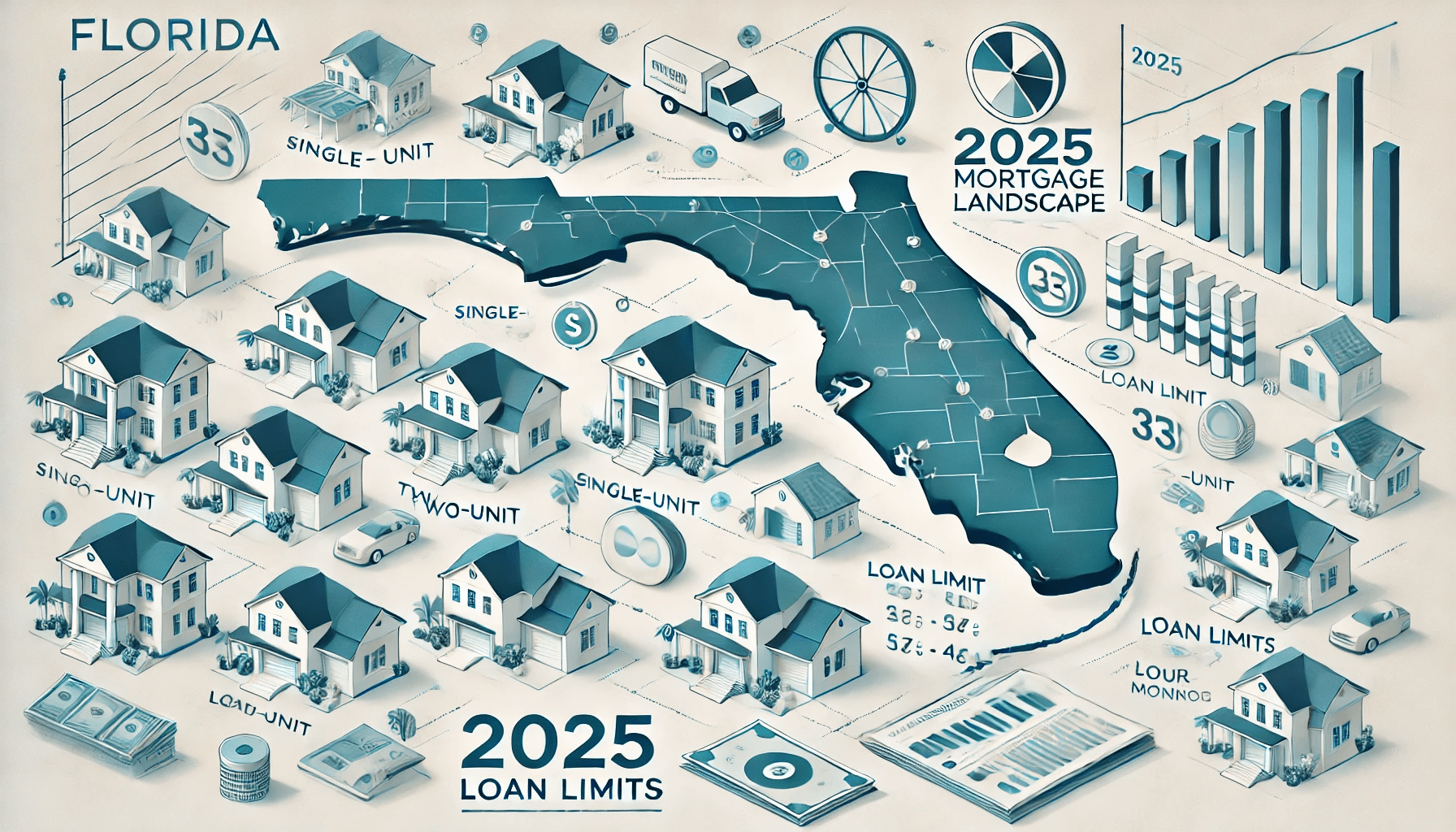 Illustration of Florida’s homes of different sizes, financial symbols, and highlighted counties like Monroe, showing conforming loan limits.