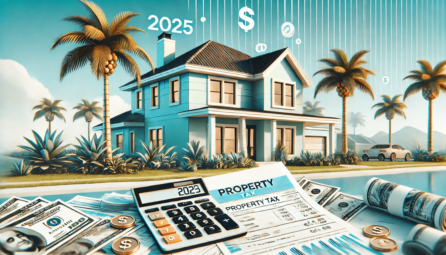 DALL·E 2024-09-21 21.10.12 - An illustration of a modern Florida home with palm trees and a clear blue sky, featuring property tax documents, calculators, and money symbols scatte-min