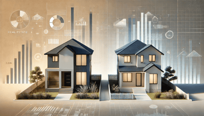 Minimalistic illustration of two distinct homes, one modern and one suburban, side by side, symbolizing a comparison between home loan programs. The soft, neutral colors and abstract background elements represent real estate and financial themes, creating a calm and welcoming visual without text.