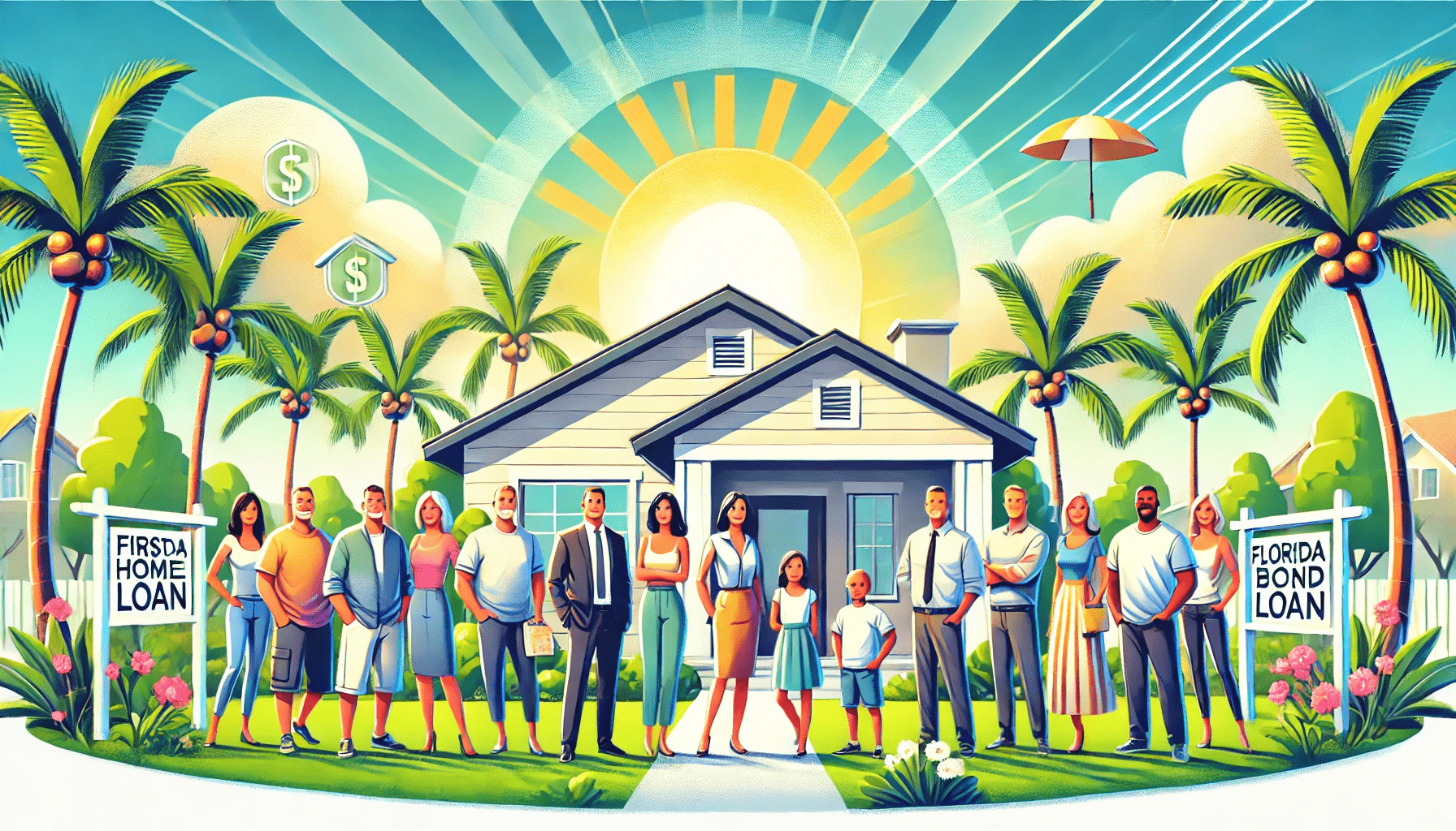 DALL·E 2024-09-25 21.47.31 - A wide, visually appealing illustration of a diverse group of people standing in front of a home, representing first-time homebuyers in Florida. The b-min