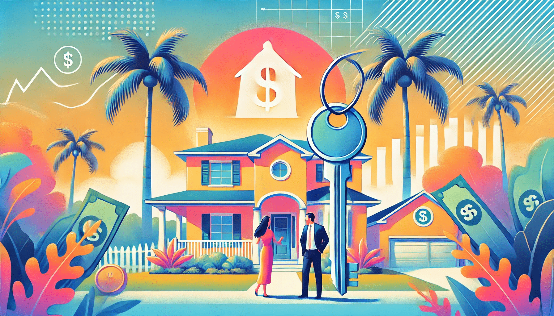 DALL·E 2024-10-04 17.12.08 - A vibrant and welcoming illustration showing a first-time homebuyer couple standing in front of a beautiful Florida home. The scene should feature a c-min