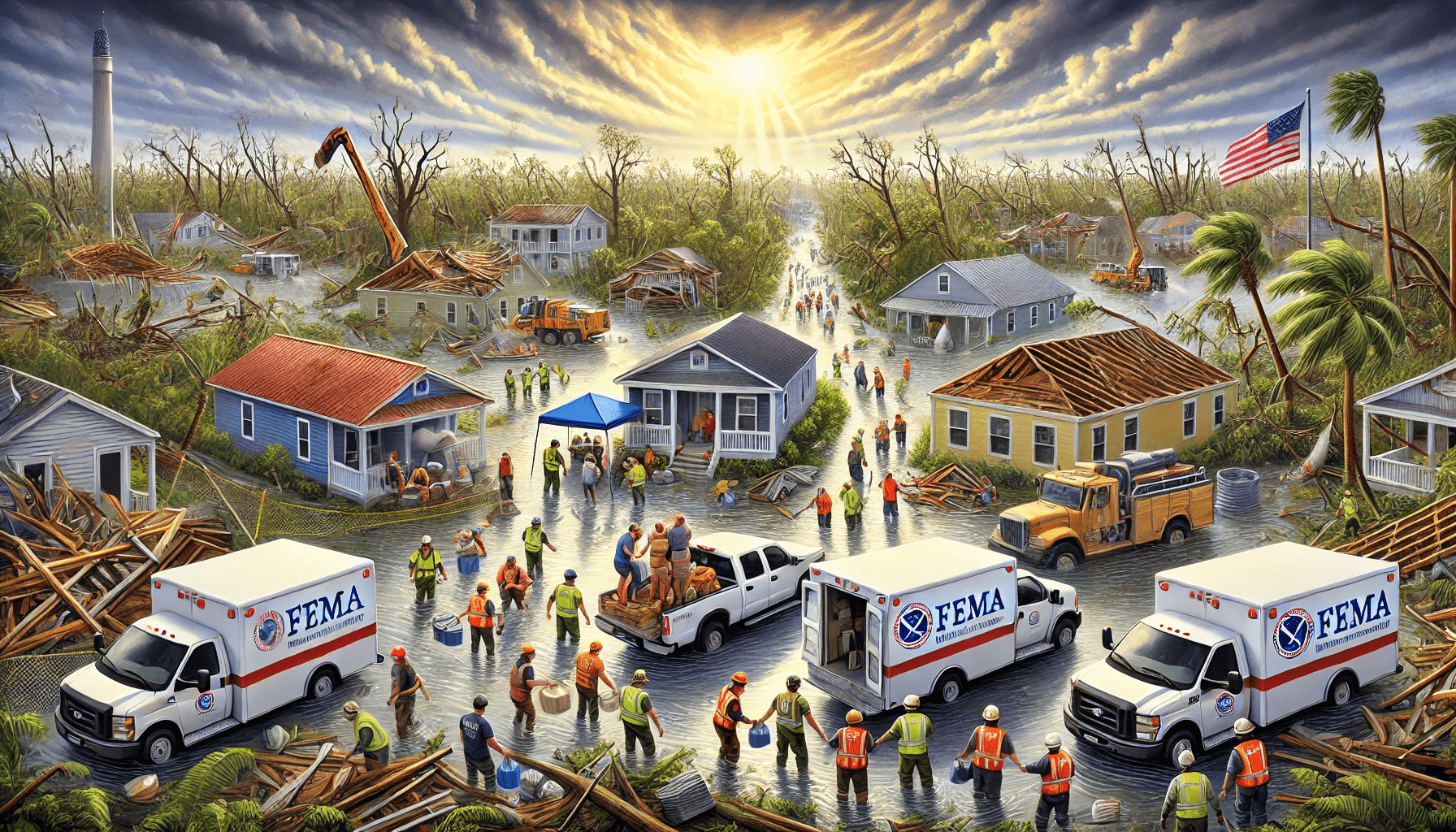 DALL·E 2024-10-09 00.59.46 - A wide aspect ratio illustration depicting the aftermath of a hurricane, showing a combination of damaged homes, fallen trees, and flooding in a Flori-min