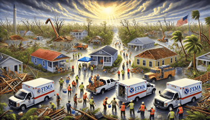 Illustration of hurricane recovery efforts with aid workers, relief trucks, and damaged homes in a flooded Florida neighborhood, showing hope and rebuilding.