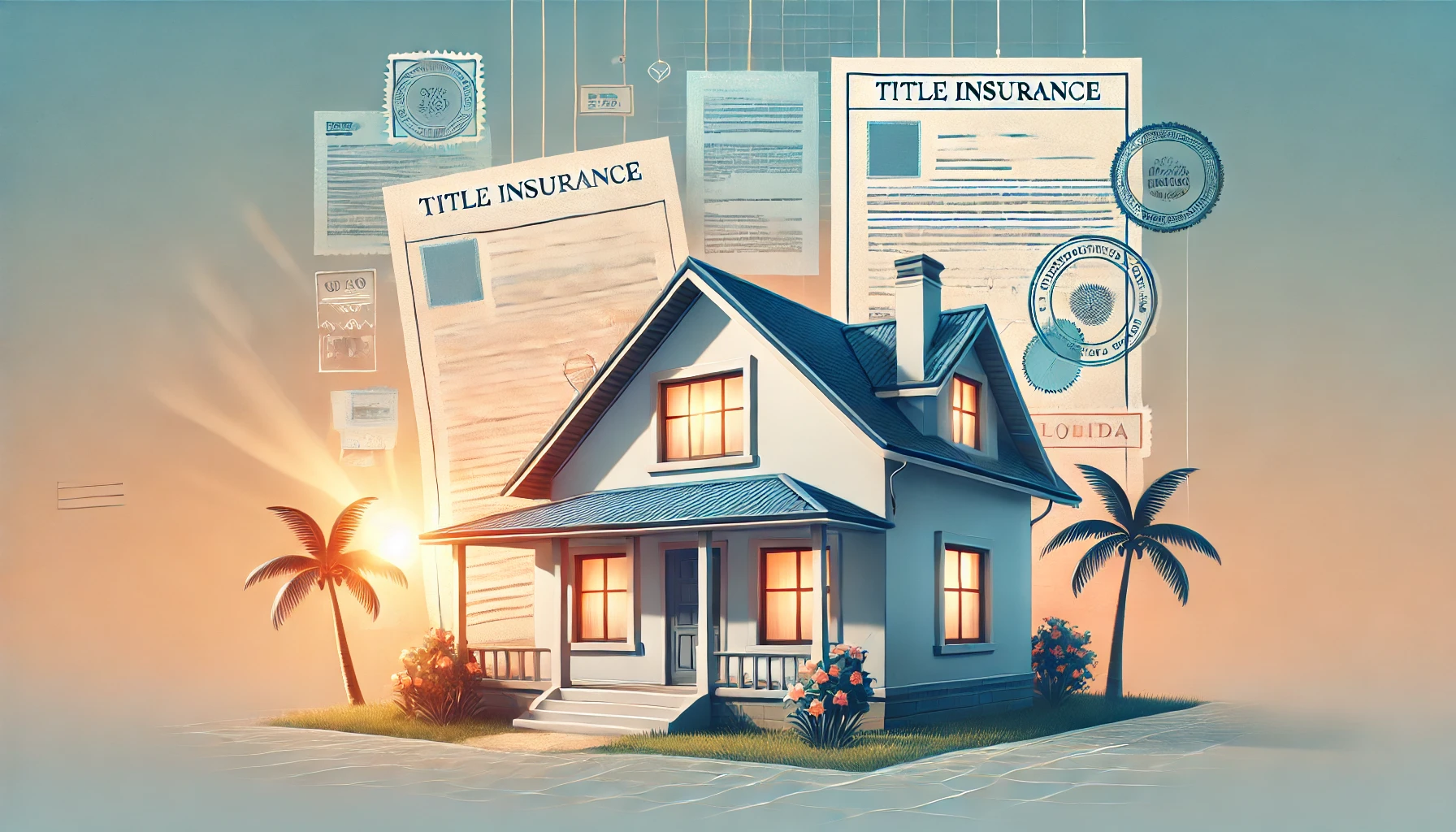 DALL·E 2024-10-11 16.46.40 - A clean, professional illustration showing a house in Florida with documents representing title insurance. The house should have palm trees, a sunny s