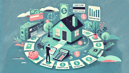 Illustration showing strategies to pay off a HELOC, featuring a house, mobile banking, debt repayment options, and financial planning symbols.