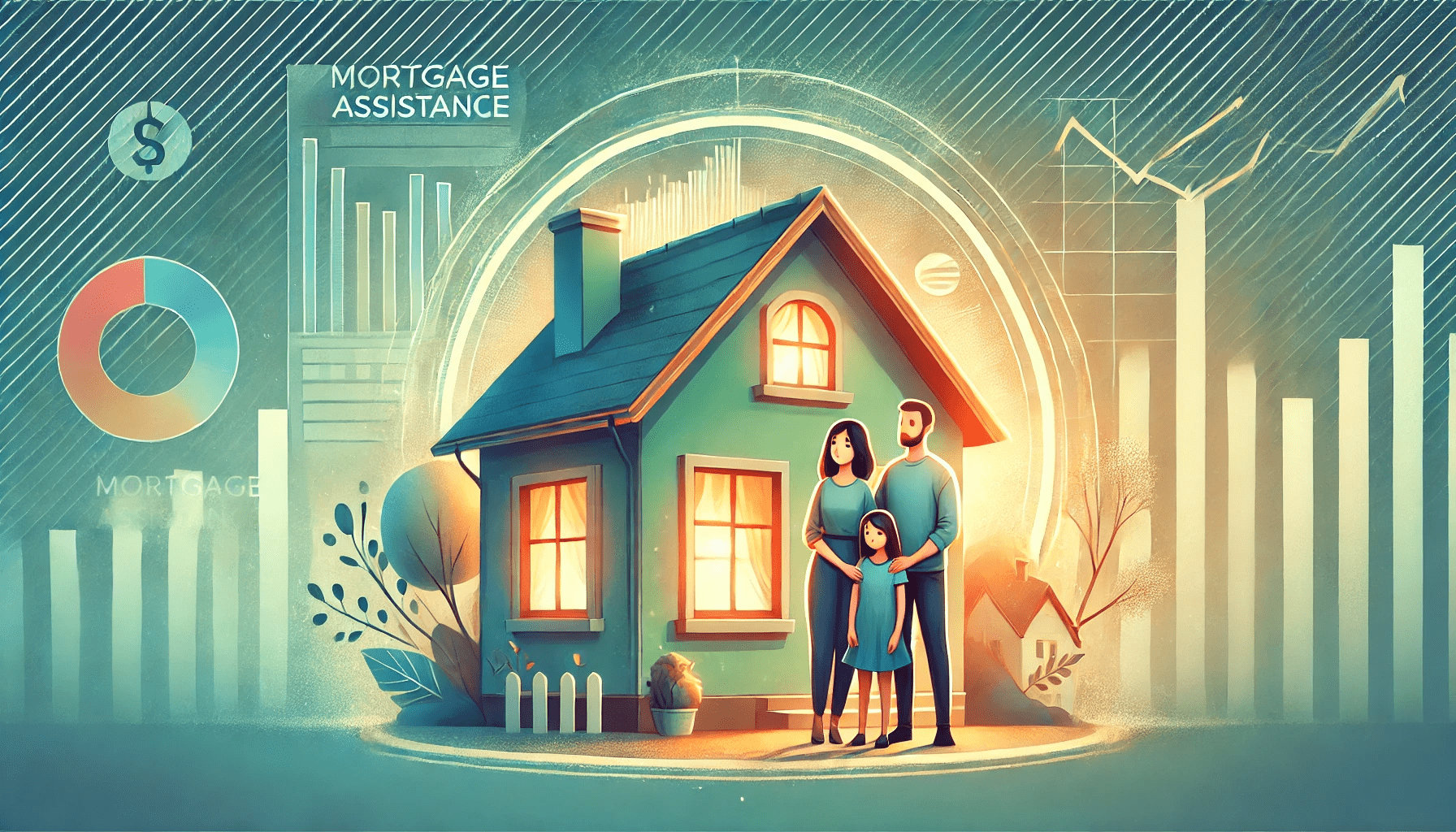 DALL·E 2024-10-13 14.09.50 - A wide aspect ratio illustration showing a family in front of a cozy home, symbolizing financial relief and stability. The home has a soft warm glow, -min