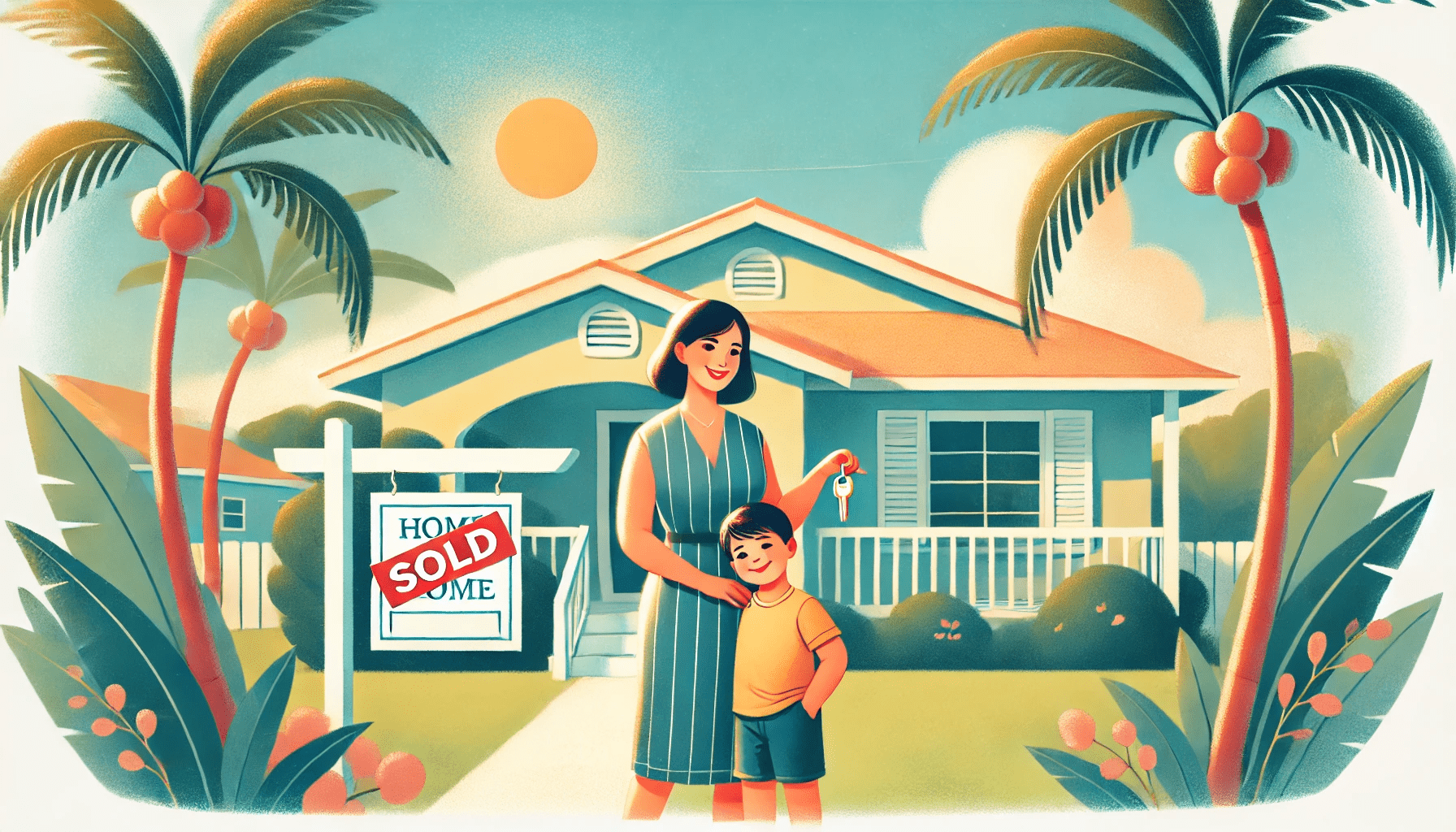 DALL·E 2024-10-14 16.08.07 - A bright and uplifting illustration of a single mother and her child standing in front of a welcoming, newly-purchased home in Florida. The home has a-min