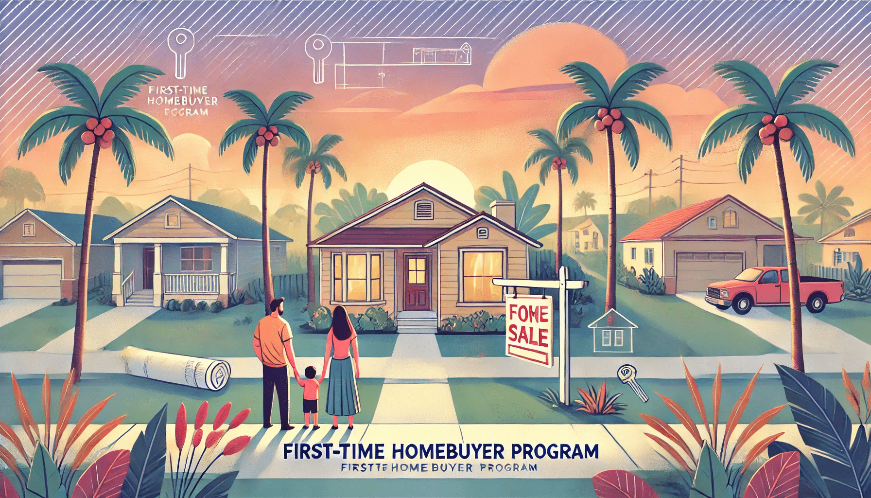 DALL·E 2024-10-19 16.17.24 - A wide illustration featuring a welcoming scene of a Florida suburban neighborhood with palm trees, colorful houses, and a family looking at a home fo-min