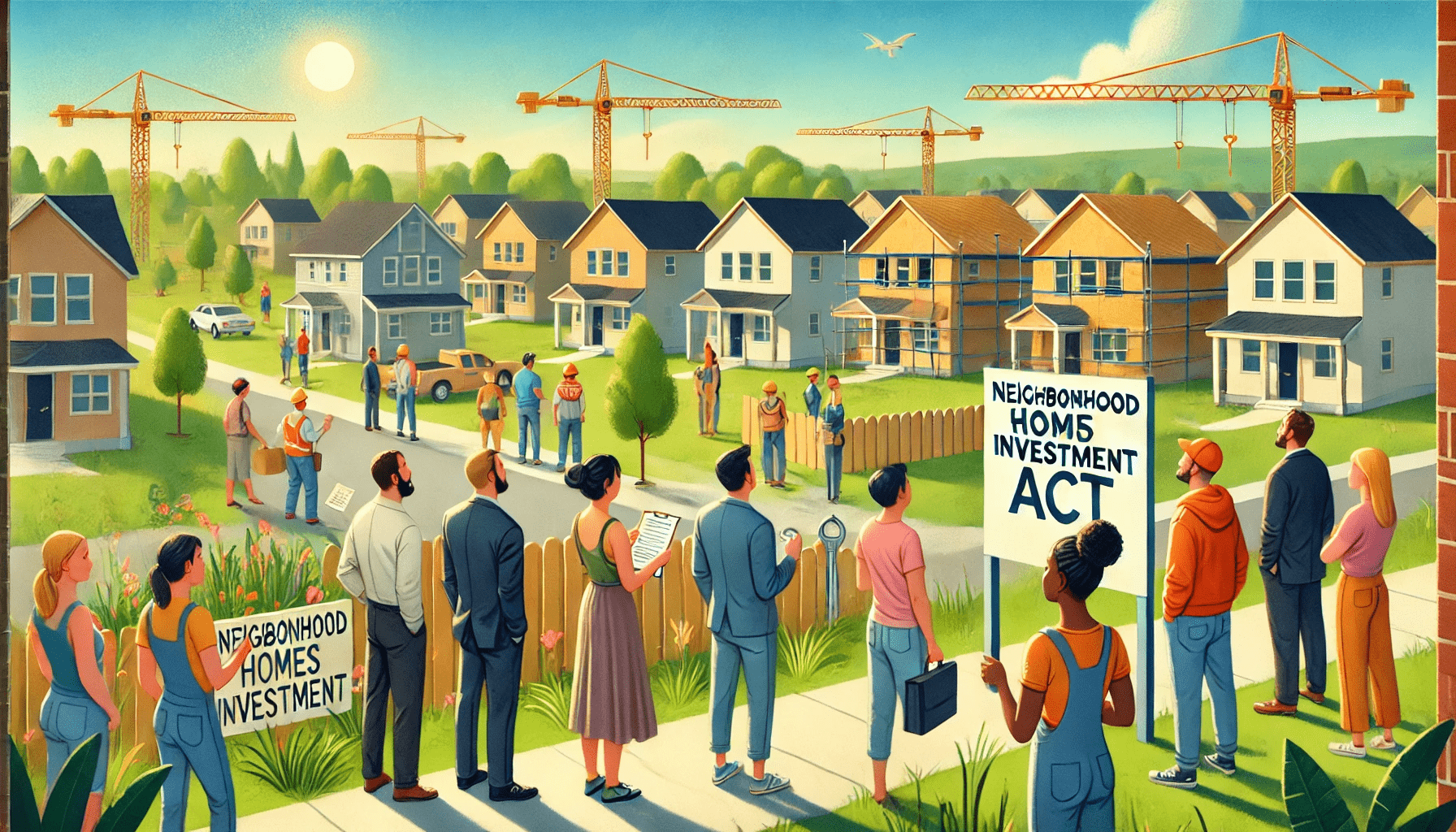 DALL·E 2024-11-04 14.34.03 - An optimistic illustration depicting a diverse group of people looking at a new neighborhood with freshly built, modern homes surrounded by green spac-min