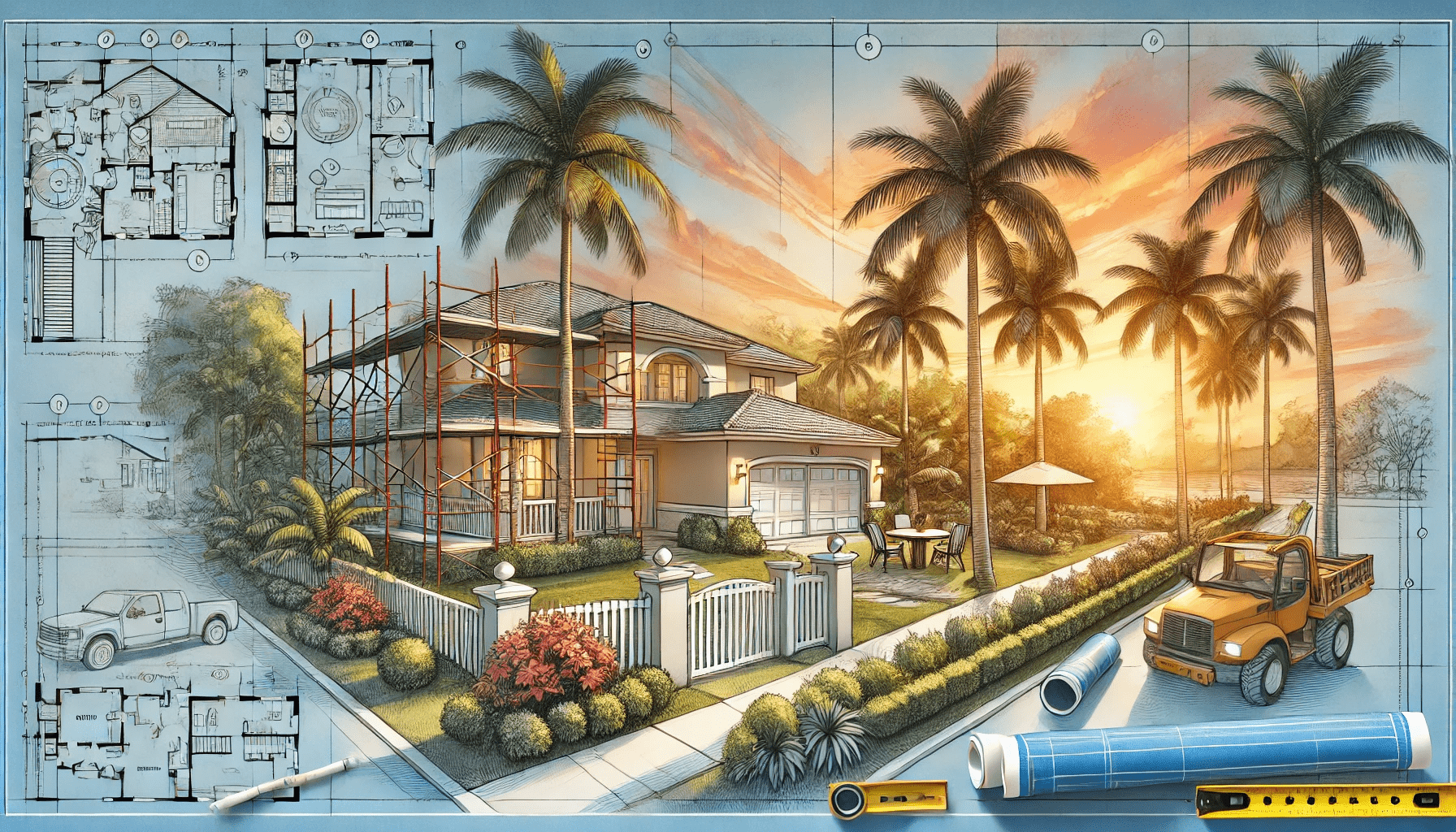 DALL·E 2024-11-05 18.49.46 - A new, wide aspect ratio illustration of a Florida home undergoing renovations, with elements like scaffolding, a fresh coat of paint, and landscaping-min