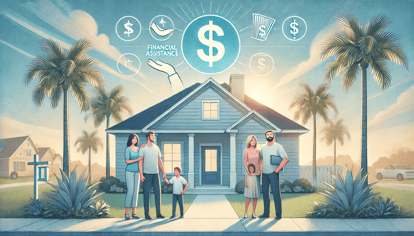 Family standing in front of a home in Pensacola, Florida, symbolizing affordable housing assistance with financial aid icons in a sunny Florida setting