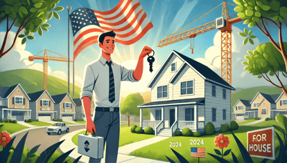 Illustration of a first-time homebuyer holding a key in front of a new home with construction cranes in the background, symbolizing affordable housing growth in the U.S.