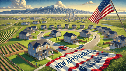 Illustration of affordable American neighborhood with new homes, symbolizing reduced home costs and federal land for development.