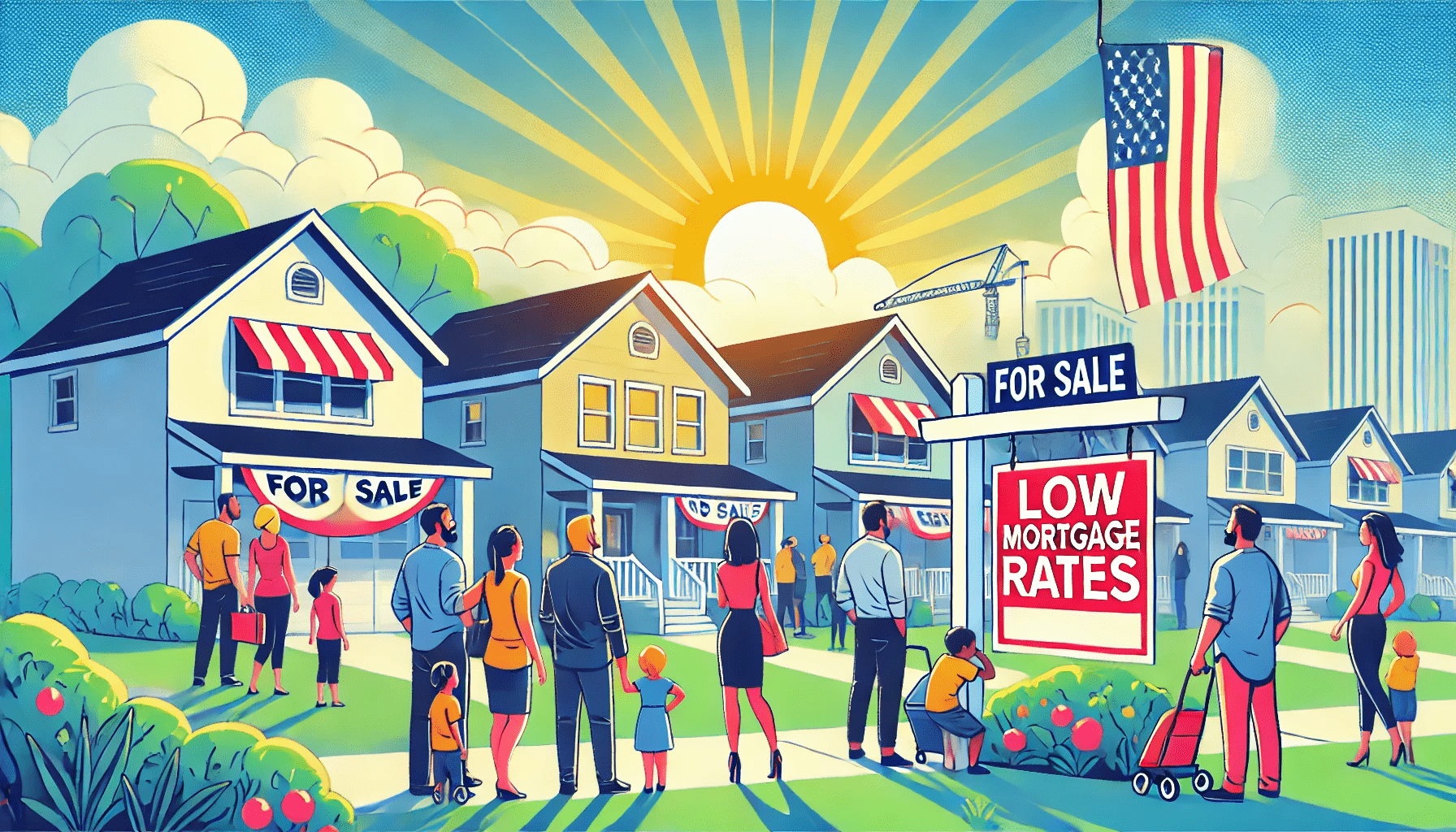 DALL·E 2024-11-10 23.40.29 - A wide aspect ratio digital illustration depicting a positive and vibrant U.S. housing market scene under sunny skies, showing diverse families and in-min