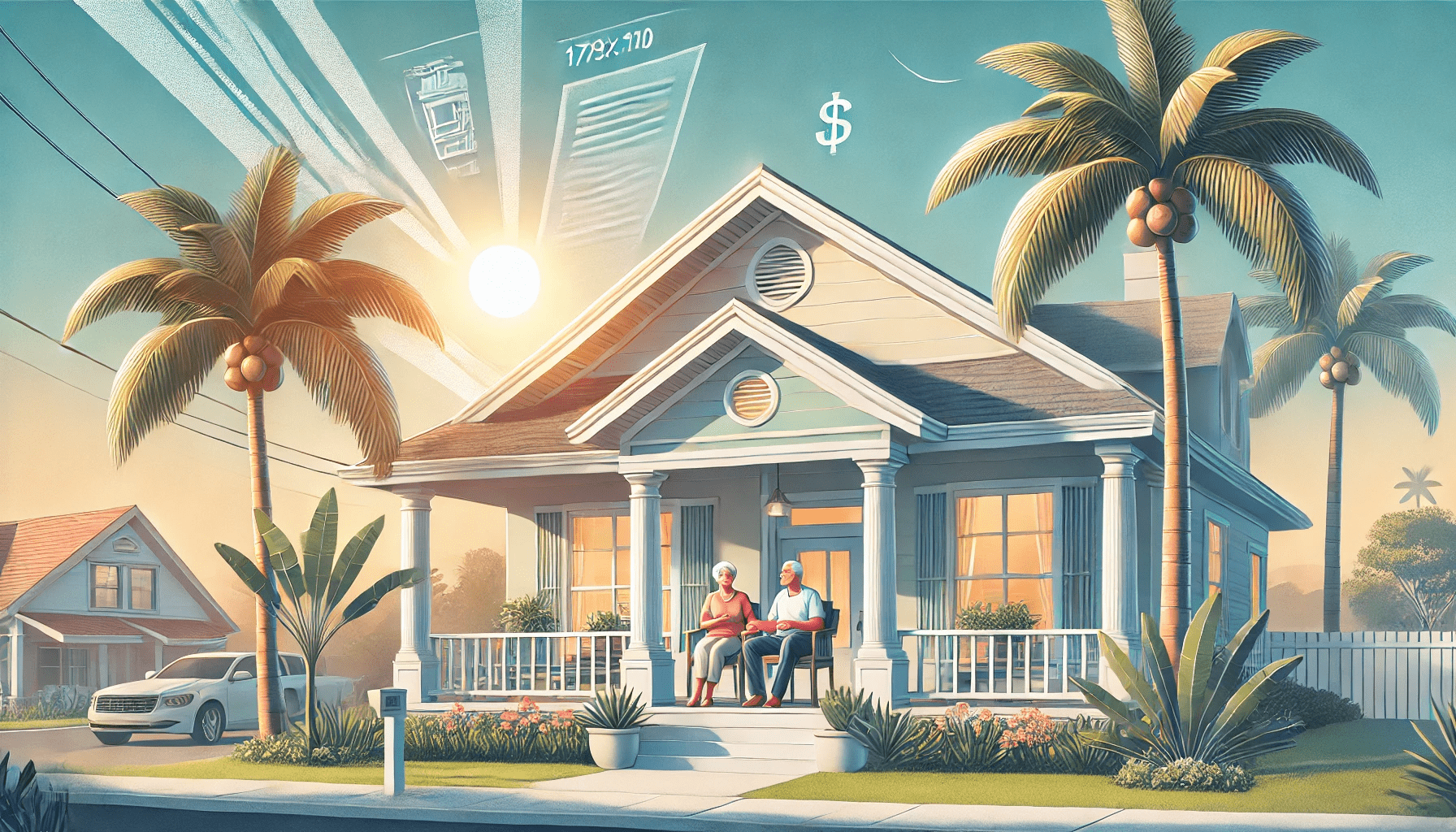 DALL·E 2024-11-12 00.08.10 - A wide, inviting illustration of a sunny Florida home with palm trees in the background. The image shows an elderly couple sitting on the front porch,-min