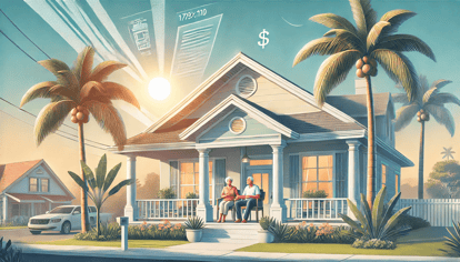 Sunny Florida home with elderly couple on porch, symbolizing financial stability through reverse mortgage options