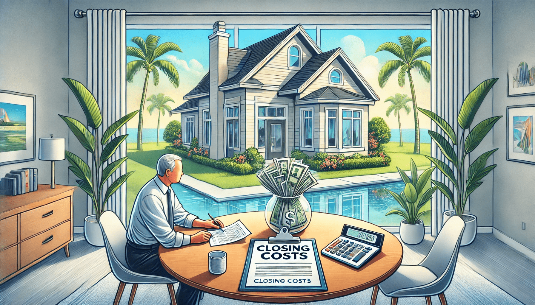 DALL·E 2024-11-25 08.46.49 - A detailed, wide-aspect ratio professional illustration featuring a serene Florida home with a senior homeowner sitting at a table, reviewing paperwor-min