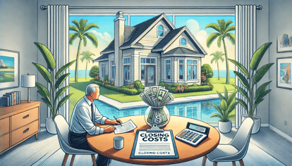 Illustration of a senior Florida homeowner reviewing reverse mortgage closing costs, with a house transforming into cash flow and palm trees in the background.