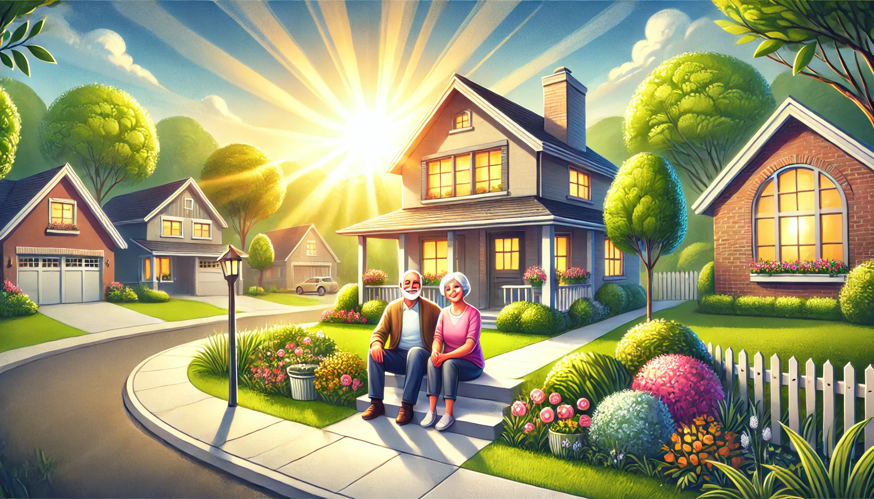 DALL·E 2024-11-27 05.31.21 - A visually stunning wide-aspect-ratio illustration for an article about reverse mortgages for seniors. The image features a serene suburban neighborho