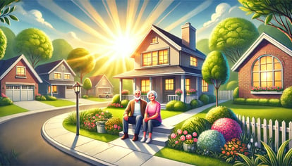 A serene suburban home with an elderly couple on the porch, symbolizing financial security and peace of mind from reverse mortgages.