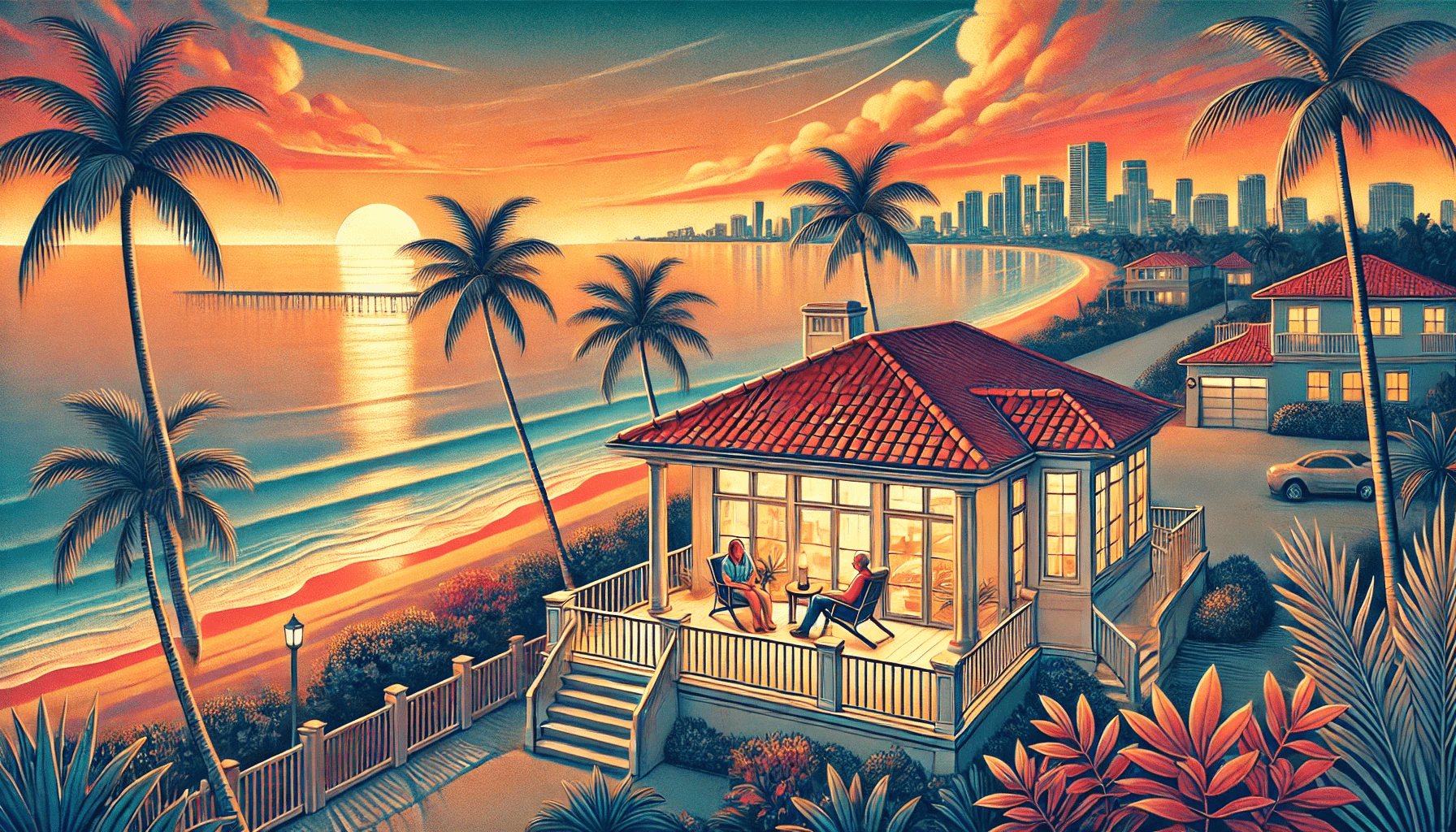 DALL·E 2024-11-30 06.23.18 - A detailed and vibrant wide-aspect illustration depicting a serene Fort Lauderdale beach scene at sunset, with a modern home in the foreground symboli-min