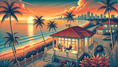 Illustration of a Fort Lauderdale beach scene at sunset, with a modern home, retired couple on the porch, palm trees, and the ocean in the background.