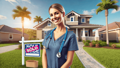 A happy nurse in scrubs standing in front of a modern home with a 'SOLD' sign, representing the success of the Florida Nurse Next Door Program.