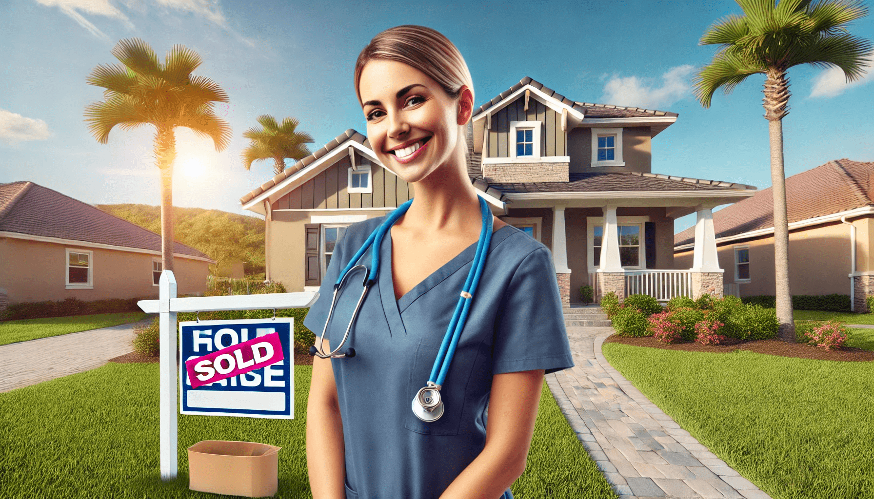 DALL·E 2025-01-03 15.15.26 - A wide aspect ratio image featuring a happy nurse standing in front of a cozy, inviting home with a SOLD sign on the lawn. The scene is set in a bri-min (1)