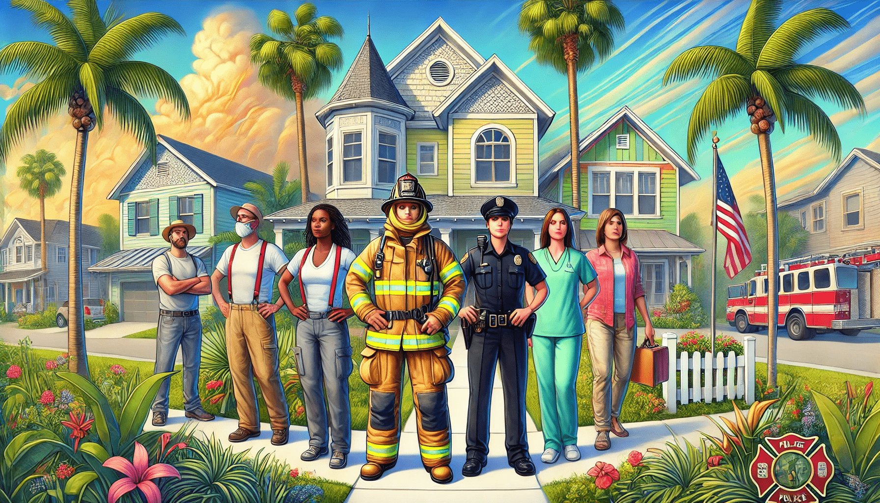 DALL·E 2025-01-06 20.43.32 - A wide aspect ratio illustration of a welcoming Florida neighborhood with a focus on homeownership opportunities for first responders. The image inclu-min