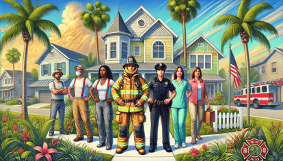 Illustration of a welcoming Florida neighborhood featuring a firefighter, police officer, nurse, and teacher standing in front of a colorful home, with palm trees and a sunny sky in the background, symbolizing community and homeownership opportunities for first responders.