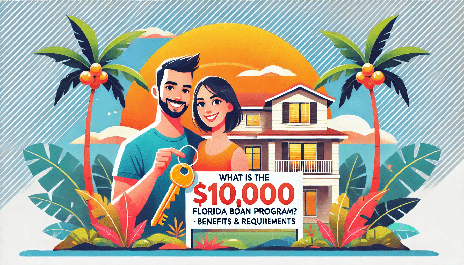 DALL·E 2025-01-15 21.14.25 - A wide-aspect ratio digital illustration featuring a cheerful couple holding a key in front of their new home, surrounded by Florida-specific elements-min