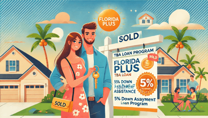 Illustration of a happy young couple in front of their new home with a 'Sold' sign, palm trees, and a bright Florida sky, symbolizing the Florida PLUS TBA Loan Program with up to 5% Down Payment Assistance.