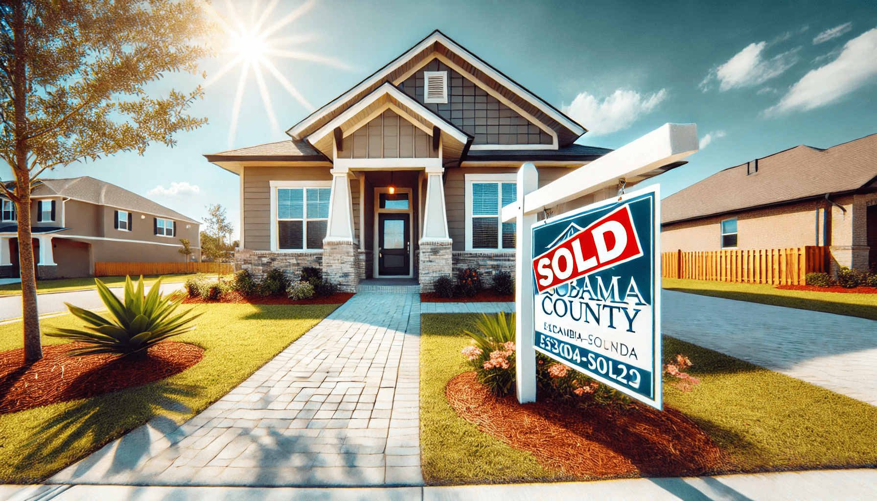 DALL·E 2025-01-21 02.30.39 - A beautiful wide-angle image of a modern, welcoming single-family home in Escambia County, Florida, with a well-maintained front yard and a Sold sig-min