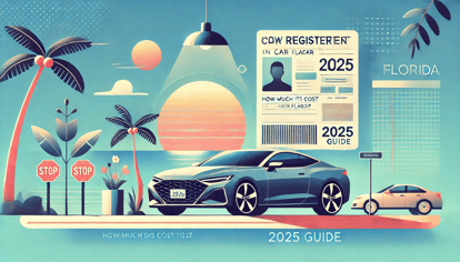  A sleek car with Florida license plates parked against a sunny backdrop featuring palm trees and a coastline. The image includes subtle graphical elements like a registration document and a price tag, representing car registration and cost themes. 