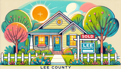 An illustration of a cozy home in a charming Lee County neighborhood with a 'Sold' sign in the front yard, surrounded by vibrant greenery, colorful flowers, and a bright sunny sky, evoking a sense of warmth and community.