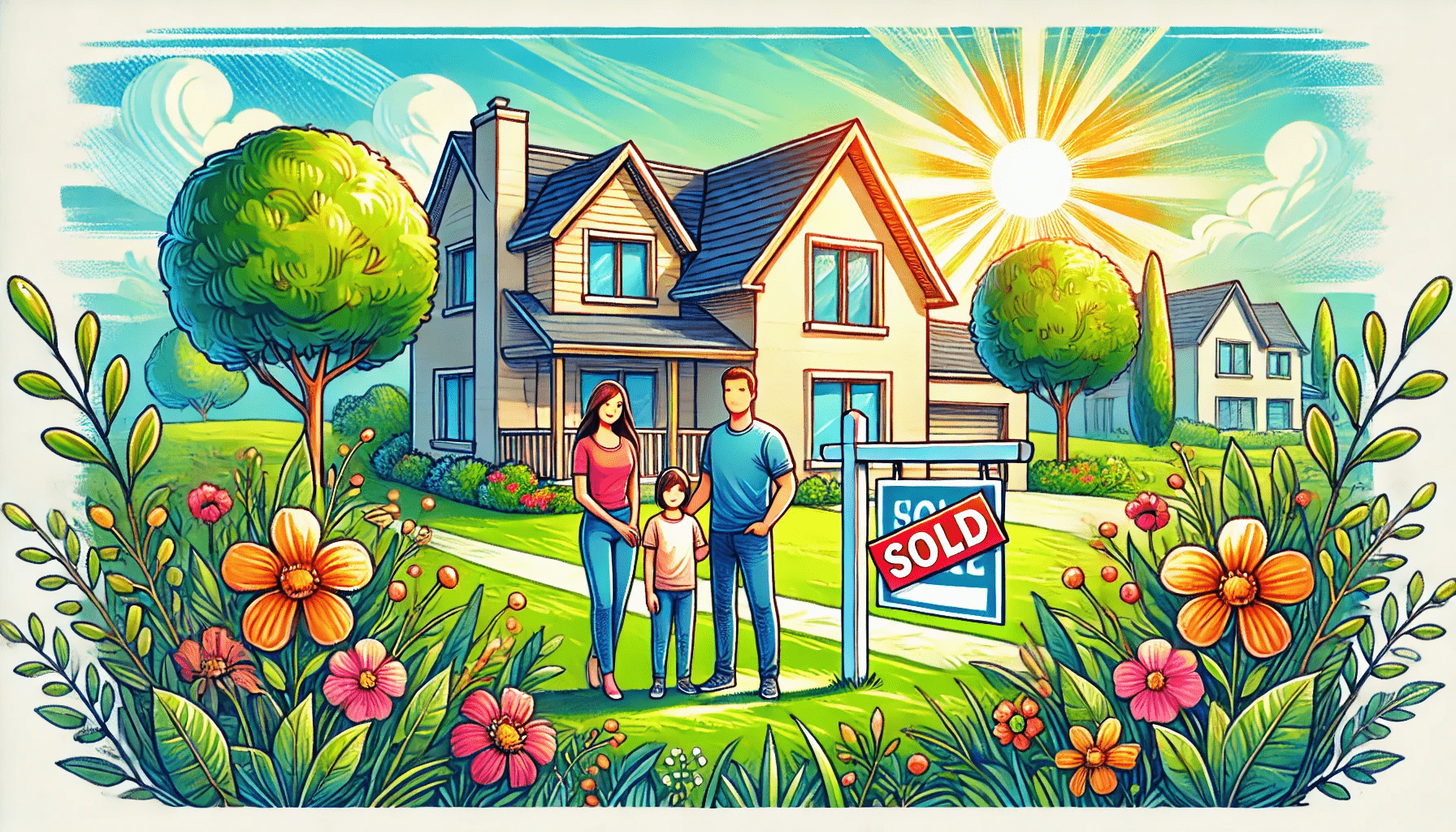 DALL·E 2025-01-27 01.37.38 - A vibrant and detailed illustration depicting a happy family standing in front of a modern suburban home with a Sold sign in the yard. The scene fea-min