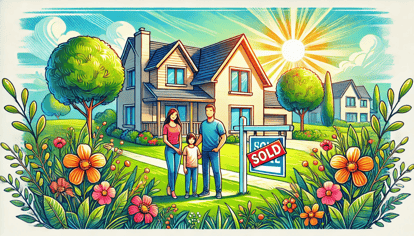 A wide illustration of a happy family standing in front of their newly purchased modern home with a 'Sold' sign on the lawn. The home is surrounded by a lush green yard, vibrant flowers, and a sunny blue sky, symbolizing achievement and the joy of homeownership.