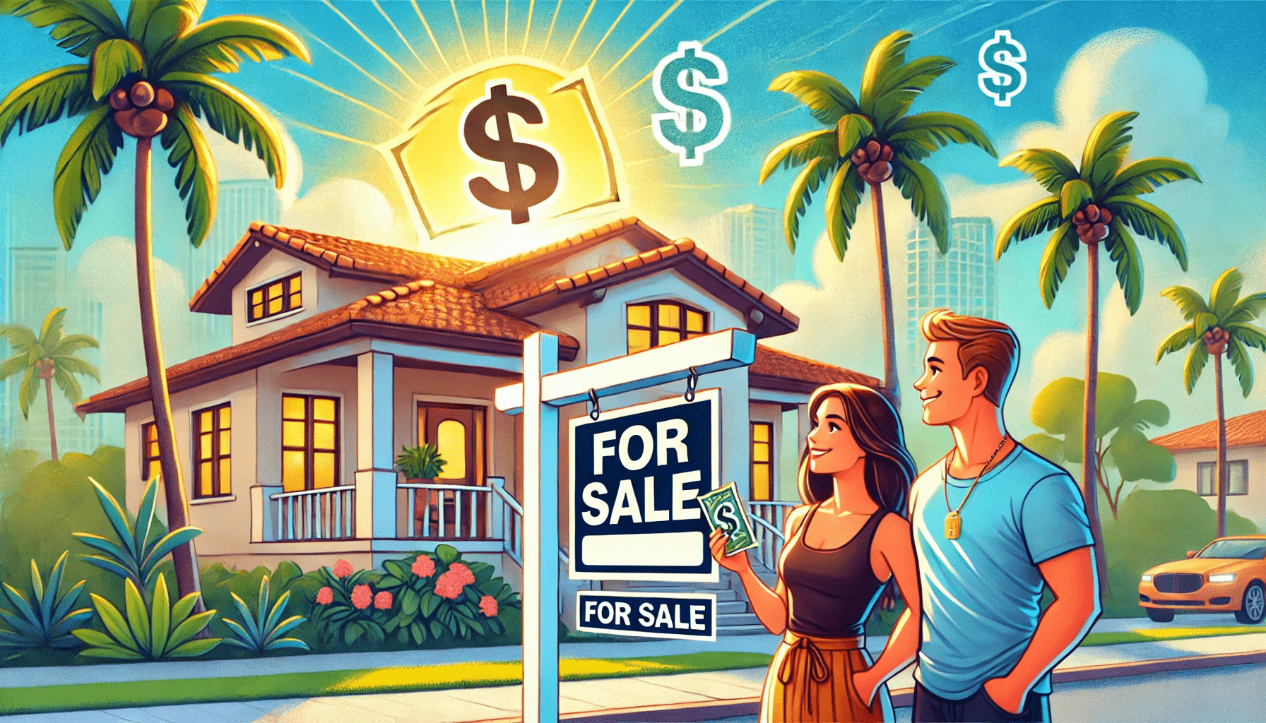 DALL·E 2025-01-27 18.01.21 - A wide aspect ratio illustration of a vibrant and sunny Miami neighborhood with palm trees, a modern family home with a For Sale sign, and a happy y-min