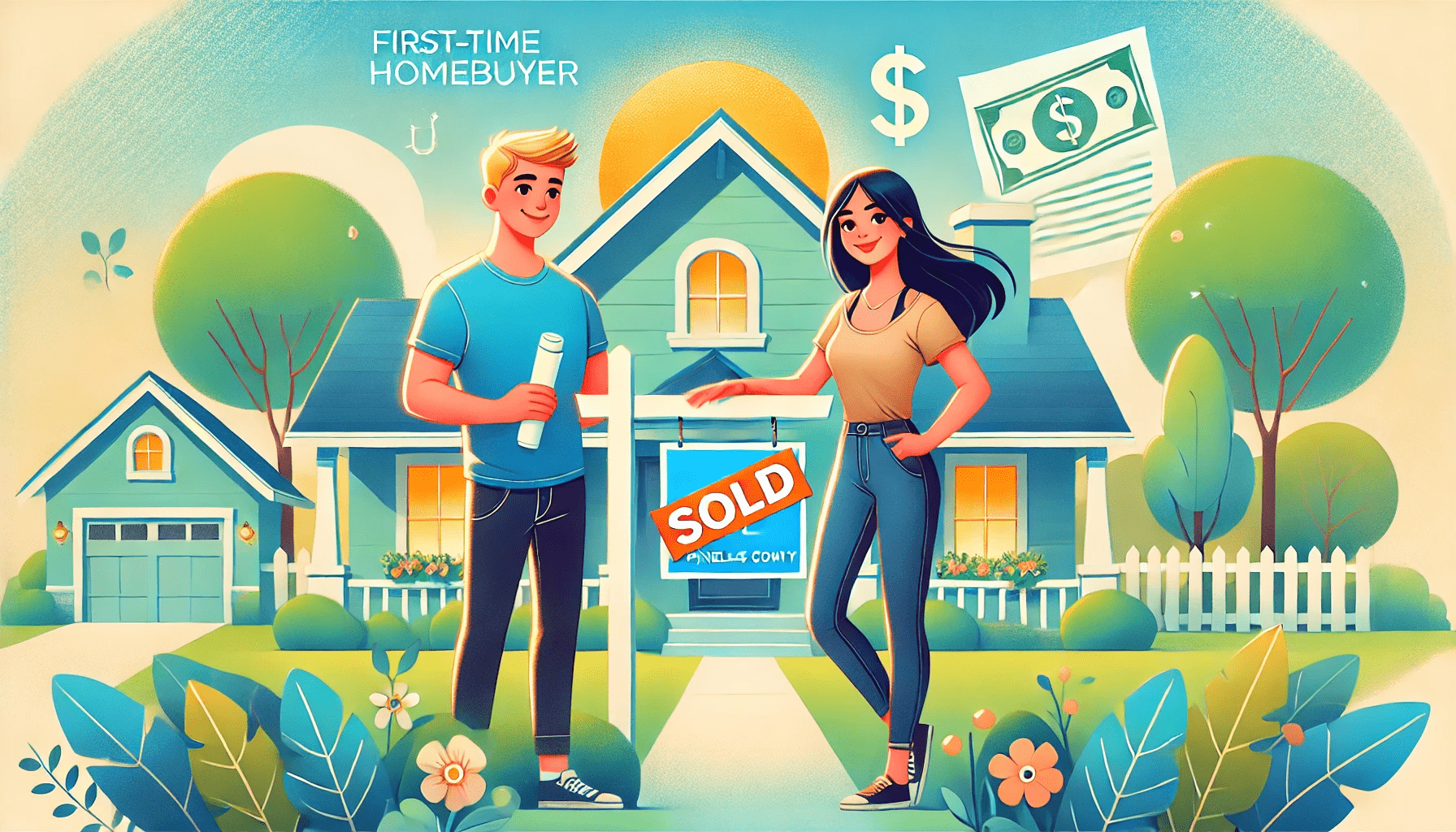 DALL·E 2025-01-27 19.03.55 - A vibrant and modern wide-aspect ratio illustration depicting a cheerful first-time homebuyer couple in Pinellas County, Florida, standing in front of-min