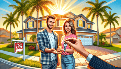 A happy young couple receives the keys to their first home in Central Florida from a smiling real estate agent, with palm trees and a bright sky in the background.