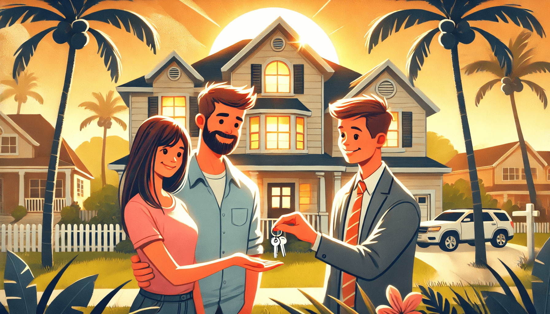 DALL·E 2025-02-03 03.36.32 - A warm and inviting real estate scene in Jacksonville, Florida, featuring a happy first-time homebuyer couple receiving keys from a real estate agent-min